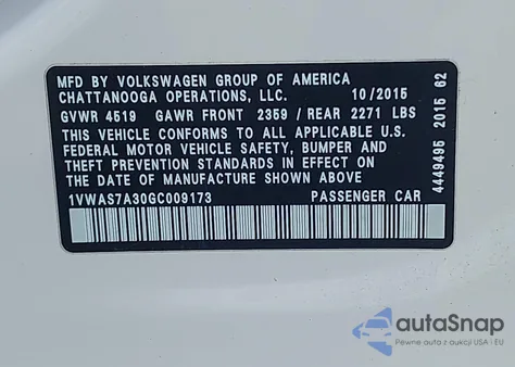 2016 Volkswagen Passat 1.8T S z USA, uszkodzony, nr VIN 1VWAS7A30GC009173